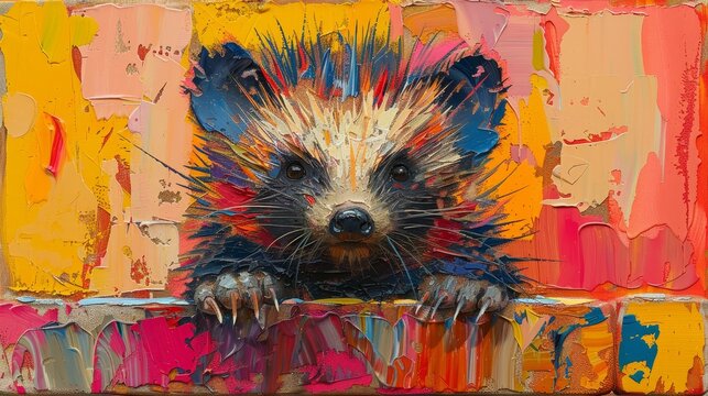  a porcupine peeks from behind colorful, painted wood, adorned with splatters