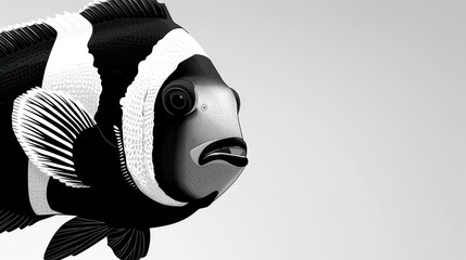   A black-and-white image of a fish with one side bearing a white stripe, the other side, a black stripe