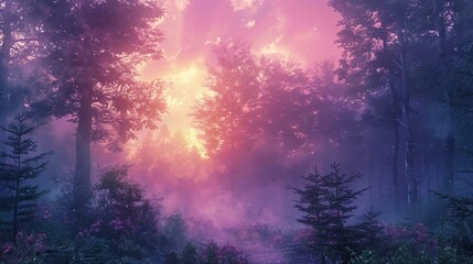 Obraz premium Morning mist cloaks the forest in gradients of gentle awakening