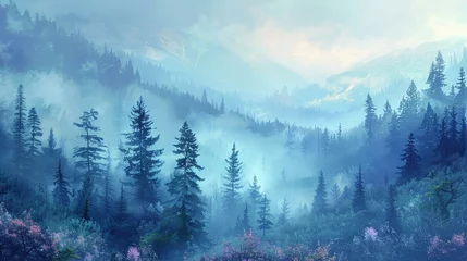 Fototapeten Morning mist cloaks the forest in gradients of gentle awakening © Seksan