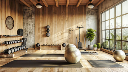 Modern Gym Interior with Professional Fitness Equipment on Wooden Floor, Ready for Health and Strength Training in a Spacious Workout Room - obrazy, fototapety, plakaty