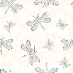 Dragonfly silhouette vector seamless pattern background for textile, fabric, wallpaper, scrapbook. Insects with wings drawing for surface design in pastel color