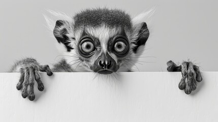   A monochrome image of a small creature with large eyes and paw claws against a blank white backdrop, set against a gray background