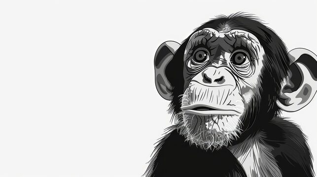   A chimpanzee drawing in black and white against a white background, accompanied by another black-and-white chimpanzee image