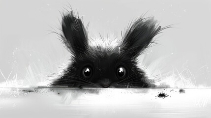   A black-and-white image of a rabbit's head emerging from water, surrounded by grass in the background