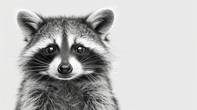   A monochrome image of a raccoon gazing into the camera with a melancholic expression