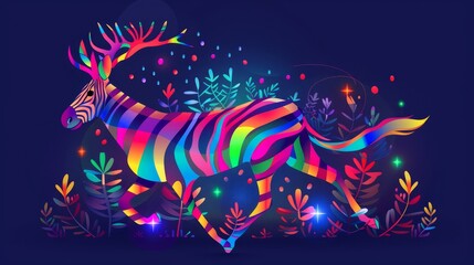 Obraz premium A zebra, colored vibrantly, stands amidst a forest backdrop teeming with leaves and blooms Dark blue dominates the background, embellished with stars and tw