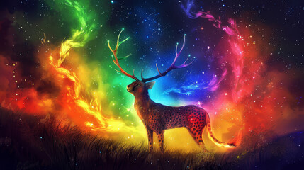 Obraz na płótnie Canvas A deer before a multicolored sky, its antlers depicted