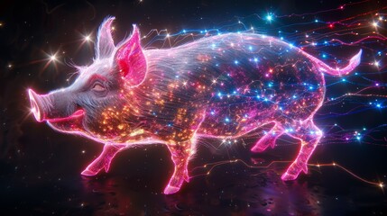   A pig adorned with numerous lights forming a human silhouette on its body