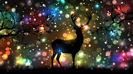 Obraz na płótnie Canvas A deer before a forest adorned with numerous colorful lights and sparkles upon its antlers