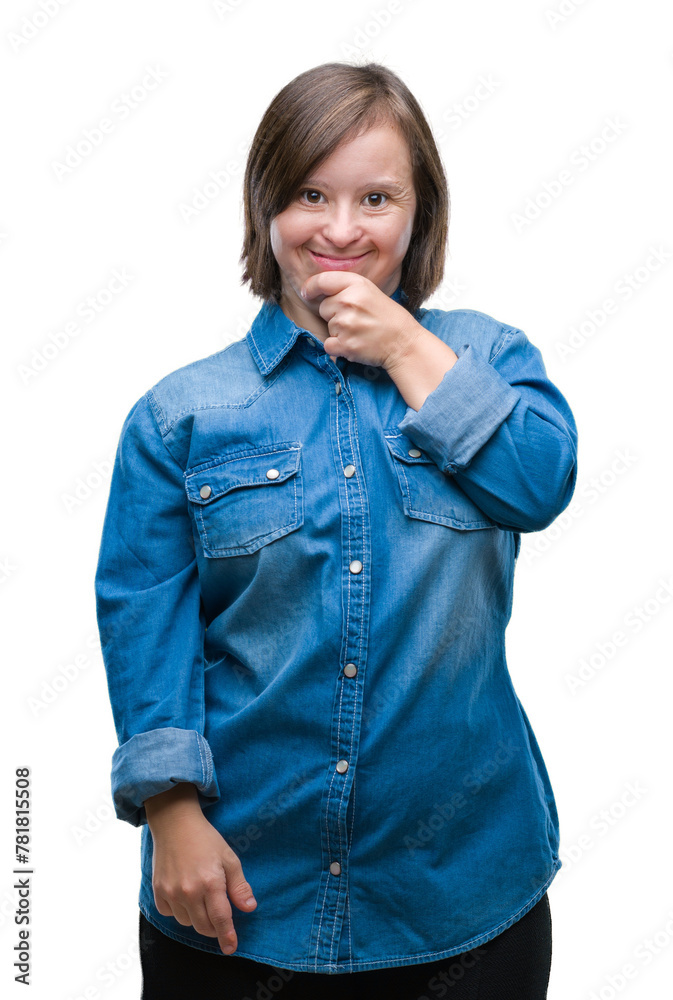 Poster young adult woman with down syndrome over isolated background looking confident at the camera with s