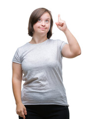 Young adult woman with down syndrome over isolated background pointing finger up with successful...