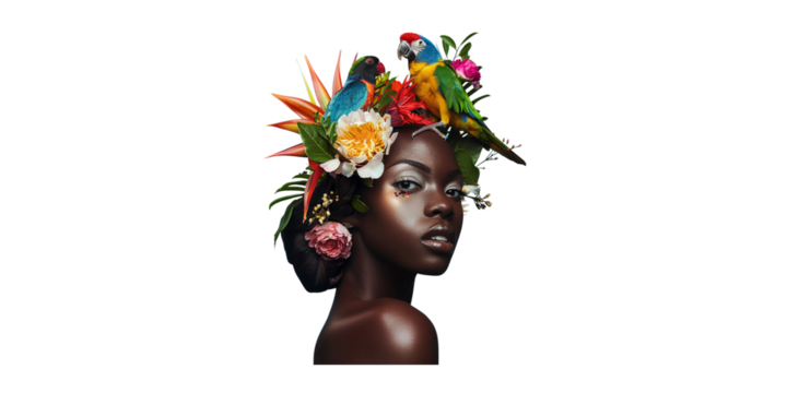 
beautiful black woman with exotic birds and flowers in her hair on white background