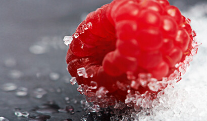 Closeup, health or raspberry on sugar in kitchen of home on counter for diet, natural vitamin c or...