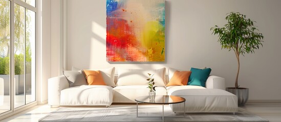 Interior design of a bright living room with an abstract painting on the wall. Home mockup --ar 16:7 Job ID: 6f63be6d-ed94-4b6f-abc4-b1a9720e58b9