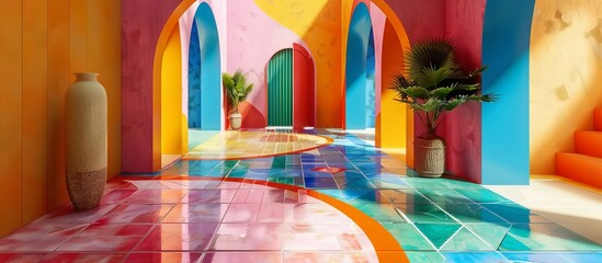 Interior design of a hall in the style of Brazilian architecture with bright colorful abstract tiles on the floor. --ar 16:7 Job ID: cd42f28c-c0ec-4fa0-a8c4-2edd7e3f34be - obrazy, fototapety, plakaty