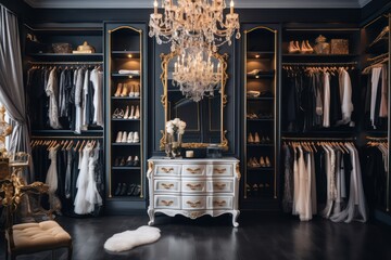 Fashion clothes on racks. High-end boutique found in upscale shopping districts and show renowned brands known for quality with craftsmanship. Walk-in wardrobe room with clothes on rack - obrazy, fototapety, plakaty