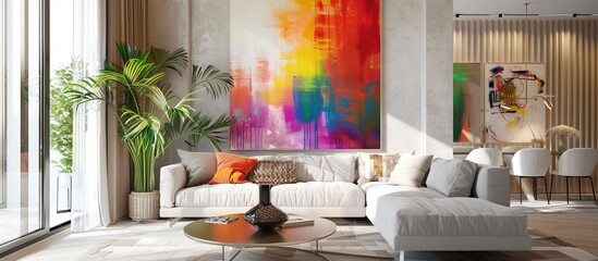 Interior design of a luxurious bright living room with a bright colorful abstract painting on the wall.