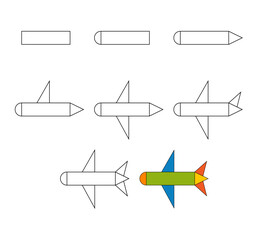 Worksheet easy guide to drawing cartoon airplane. Simple step-by-step drawing tutorial for children.