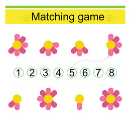 Math activity for kids. Matching game. Cartoon flowers.
