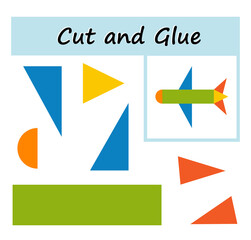 Educational paper game for kids. Cut parts of the image and glue on the paper. DIY worksheet. Vector illustration of airplane from geometric shapes.