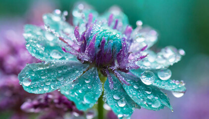 Dew drops on a beautiful purple and turquoise flower. Foreground and blurred background. Enchanting athmosphere.