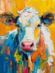 Abstract oil painting of a cow and milk, rustic theme with silver, yellow, and orange hues, palette knife technique, on a vibrant background with dramatic lighting