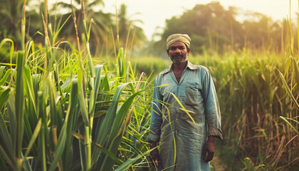 An indian farmer in a sugarcane field.