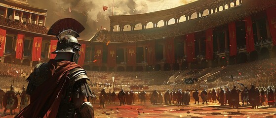 Awaiting the signal, a gladiator envisions victory in Romes grand arena - obrazy, fototapety, plakaty