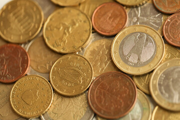 European money euro coins. Shiny coins of European union currency close up