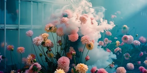 Dynamic scene of flowers against smoke in loft room background 