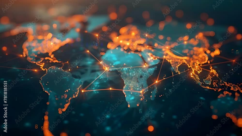 Poster digital map of the world with glowing connections between cities, representing global connectivity and data transfer in cloud computing. 4k loop animation