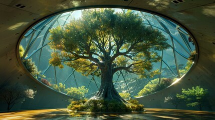 A microcosm of vitality, a tree in a dome radiates with lifes potential - obrazy, fototapety, plakaty