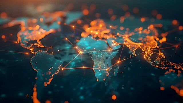 digital map of the world with glowing connections between cities, representing global connectivity and data transfer in cloud computing. 4k loop animation