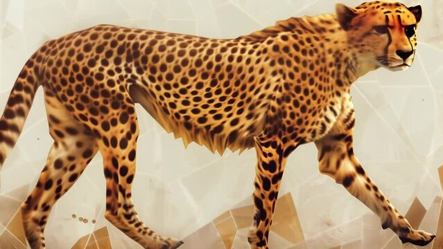 A cheetah, adorned with golden light on its back, is depicted walking in a white background. This piece is divine and full of speed.
