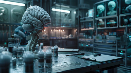 Disturbing Genetic Experiments in a Dystopian Science Lab Isolate Brain Specimen for Mind Control Research - obrazy, fototapety, plakaty