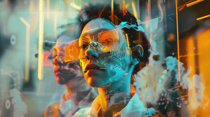 Cybernetic Vision: Human and Data Fusion - Futuristic portrayal of a woman with cybernetic enhancements and digital overlays.