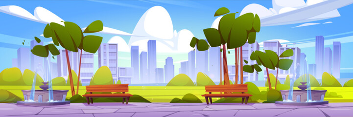 Public city park with bench and fountain, green trees and grass on building background. Cartoon vector summer or spring landscape with central recreation area. Town garden with skyscrapers on horizon. - obrazy, fototapety, plakaty