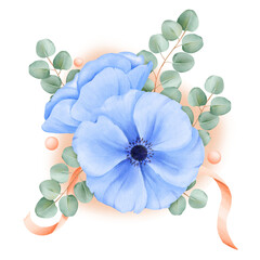 A watercolor arrangement blue anemones and eucalyptus leaves, enhanced with satin ribbons and rhinestones. for elevating wedding invitations, floral branding, digital backgrounds and creative projects