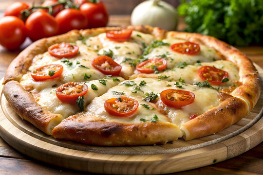 A mouthwatering pizza adorned with tomato slices, oregano, and cheese on a rustic wooden board, set on a table. Background features fresh cherry tomatoes, garlic, and herbs
