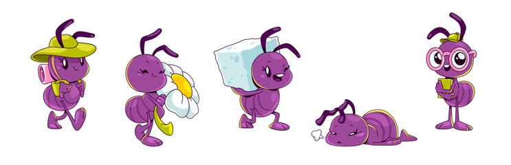 Cute purple ant cartoon character in different poses. Comic vector set of insect tourist with backpack, tired or sad laying, carrying sugar cube and daisy flower, smart student with book in glasses. - obrazy, fototapety, plakaty
