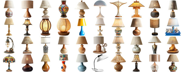 Big collection set of lamp in various styles retro vantage and modern bedside nightstand lighting different table lamp for interior decoration furniture element, isolated on transparent background