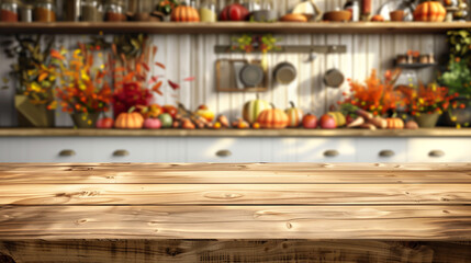 Empty wooden desk and autumn harvest kitchen interior with pumpkins on shelves, concept of seasonal cooking and festive decoration for product display montage.