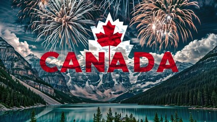 Canada Day Celebration: Majestic Mountains in Patriotic Red and White Landscape