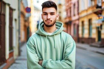 Young Man Dressed in a Casual Green Hoodie Standing on an Urban Street