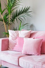 Pastel Pink Sofa With Matching Cushions in a Modern Living Room Setup