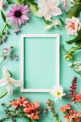 White Picture Frame Surrounded by Colorful Spring Flowers on a Turquoise Background