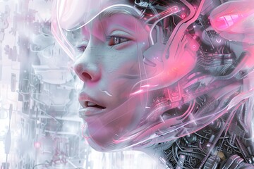 Digital Artwork of a Female Cyborg in Profile View Against a Pink Background