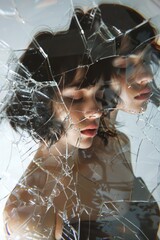 Reflection of a Womans Face Shattered in a Broken Mirror