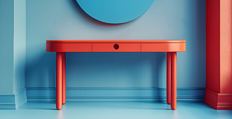 a flat design of an orange desk, 3d illustration, in the style of minimalism, in the style of toyism, light orange and light blue, minimalism